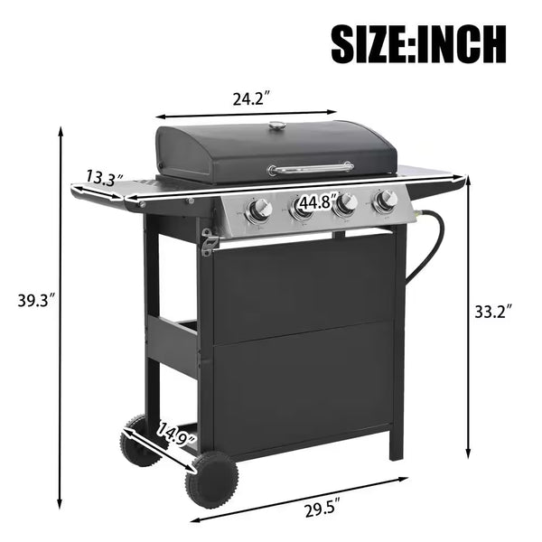 Portable Propane Gas Grill Built for Versatile Outdoor Cooking, 4 Burners, Stainless Steel, Side Sear Burner
