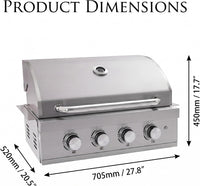 27 in Built-In Outdoor Gas BBQ Grill, 4-Burnerstainless Steel Drop-In Grill, 304 Brushed Stainless Steel, Heavy Duty Outdoor Kitchen Island Grill (Without Lighting)