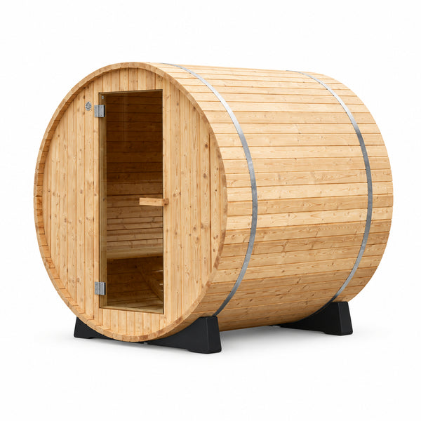 WOODBRIDGE 2-Person Luxury Finland Thermo Pine Outdoor Barrel Sauna with Half View Window, Harvia Electric Heater, Sauna Accessories Kit and Asphalt Shingle Roof, 4'X6'